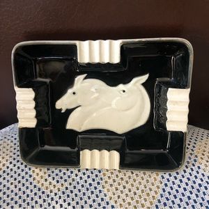 Vintage Dual Horse Head White Stallion Glazed Ceramic Ashtray